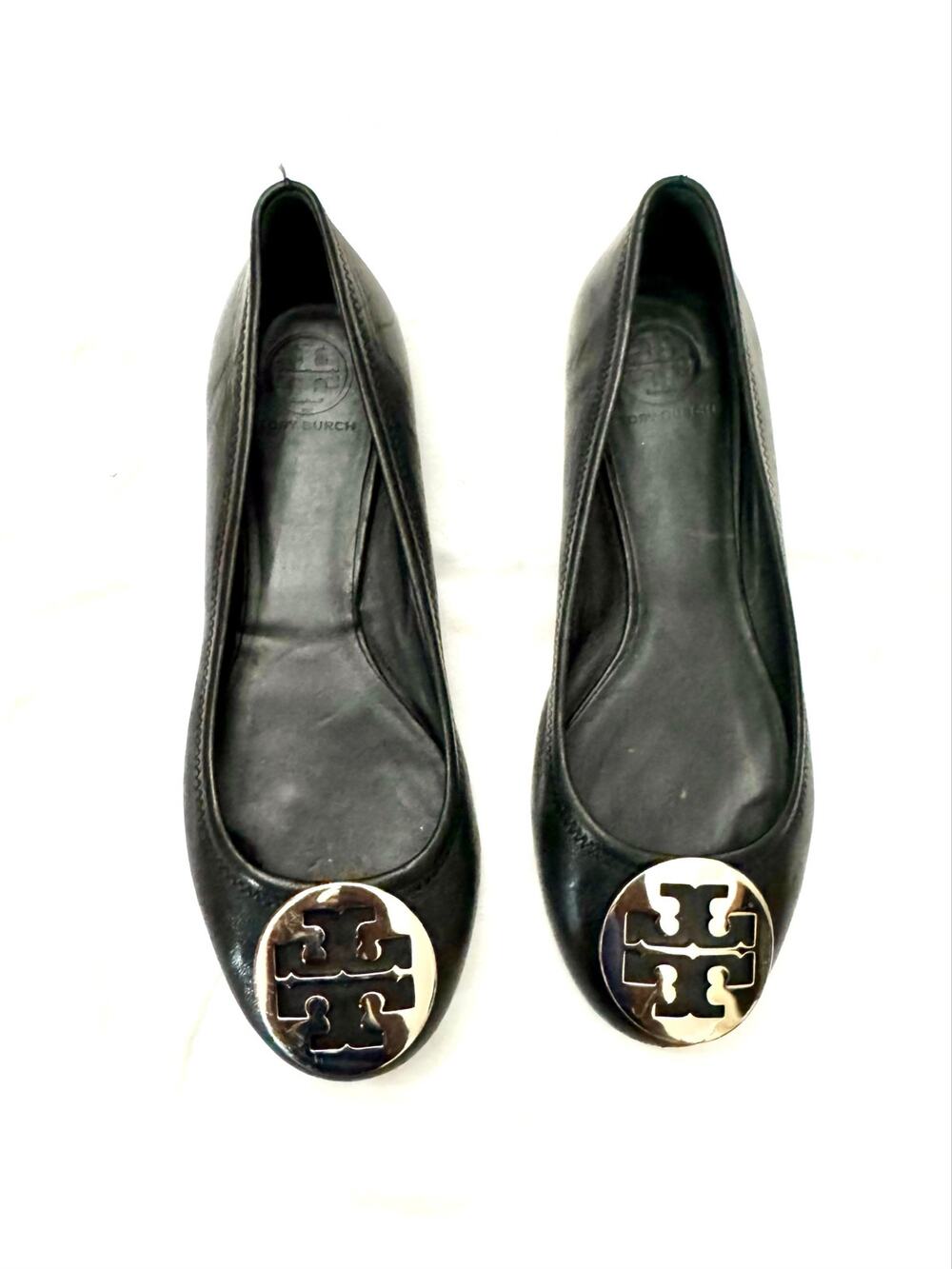Tory Burch Reva Ballet Flats Shoes Rounded Toe Silver Logo Size 9
